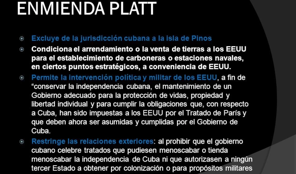 La Enmienda Platt permitió a EE.UU. intervenir en Cuba política y económicamente. La Enmienda Platt permitió a EE.UU. intervenir en Cuba política y económicamente.